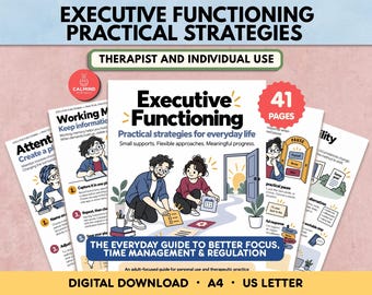 Executive Functions Practical Strategies Guide, ADHD & Neurodivergent Worksheets Mental Health Therapy Tools for Adults Therapist Use