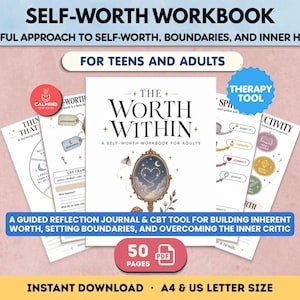 Könnte beinhalten: Ein Arbeitsbuch zum Thema Selbstwertgefühl mit dem Titel The Worth Within, das eine Illustration eines verzierten Spiegels mit einer herzförmigen Konstellation zeigt. Das Set enthält mehrere Seiten mit Reflexionsübungen und CBT-Tools für Erwachsene.