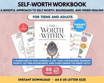 May include: A self-worth workbook titled The Worth Within, featuring a central illustration of an ornate mirror with a heart-shaped constellation. The set includes multiple pages with guided reflection prompts, CBT tools, and diagrams for teens and adults.