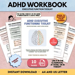 Peut inclure: Un classeur de boîte à outils pour les fonctions exécutives TDAH avec plusieurs pages de texte et une illustration de cerveau. La couverture affiche le titre ADHD EXECUTIVE FUNCTIONING TOOLKIT, FOR TEENS & ADULTS, et une icône PDF de 10 pages. Le texte inclut STOP BEATING YOURSELF UP FOR HAVING A HUMAN BRAIN IN A CHAOTIC WORLD.