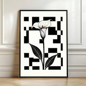 Modern Calla Lily Wall Art Black and White Botanical Print Geometric Minimalist Flower Illustration Printable Home Decor Digital Download