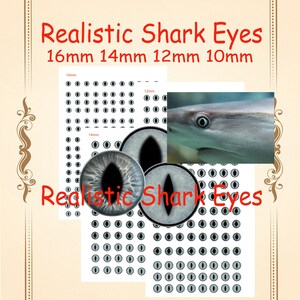 以下が含まれることがあります： 16mm、14mm、12mm、10mmのサイズのリアルなサメの目の画像です。「Realistic Shark Eyes」の文字は赤色です。サメの目のクローズアップと、複数の目のデザインが含まれています。
