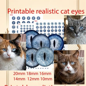 以下が含まれることがあります： 20mm、18mm、16mm、14mm、12mm、10mmの様々なサイズの印刷可能なリアルな猫の目のデジタルシート。デザインには、垂直の黒い瞳孔を持つ複数の青い虹彩パターンが含まれており、青い目をした3匹の異なる猫の写真が添えられています。