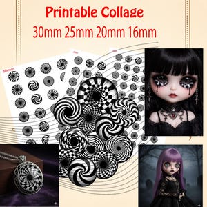 May include: Printable collage featuring black and white spiral designs in various sizes, along with images of gothic dolls. The text "Printable Collage" and size measurements are displayed in red.