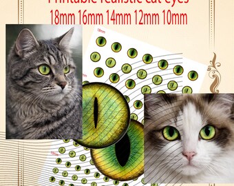 Utskrivbara realistiska kattögon med slitspupill, gröna kattögonirisar 10–18 mm, digital nedladdning för dockor, cabochoner, smycken, nålfiltade djur