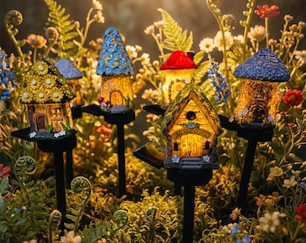 Solar Fairy House Garden Lights, Whimsical Mushroom Stake Light, Cottagecore Outdoor Pathway Decor, Resin Miniature Village Night Light