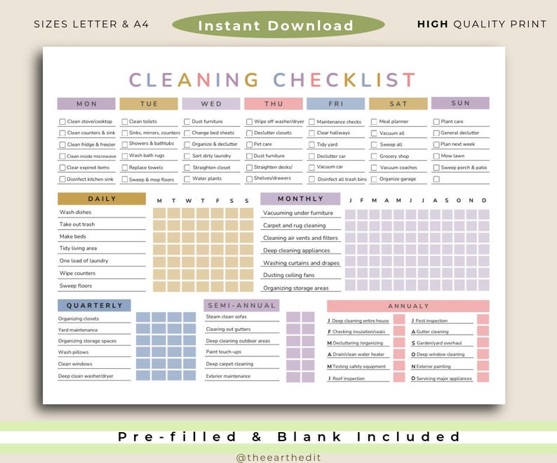 Printable Cleaning Checklist | Daily, Weekly, Monthly & Annual Home ...