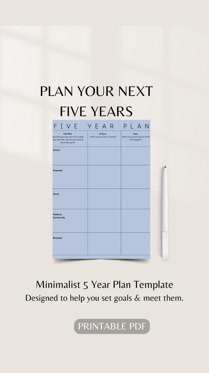 Minimalist 5 Year Plan Template (printable PDF) - Life & Goal Planning ...