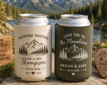 Customizable Mountain Wedding Can Coolers, Personalized Outdoor Favors, Custom Rustic Drink Sleeve, Guest Gift