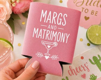 Margs and Matrimony Wedding Can Coolers, Personalized Bridal Shower Favor, Custom Beer Hugger Gift