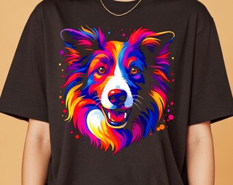 Camiseta colorida de Border Collie: Retrato de perro arcoíris, camiseta unisex de algodón