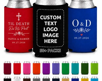 Personalized Gothic Wedding Can Coolers, Custom Dark Floral Design, Wedding Guest Favors, Couple Names and Date, Neoprene Drink Sleeves