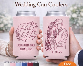 Custom Wedding Can Coolers, Regular and Slim Sizes, Personalized Names and Date, Wedding Guest Favors, Bulk Neoprene Drink Sleeves