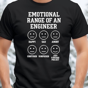 以下が含まれることがあります： 白い文字とグラフィックが特徴の黒いTシャツで、「エンジニアの感情の範囲」を示しています。デザインは、幸せ、悲しみ、怒り、混乱、驚き、そして「プロジェクト完了」の顔など、さまざまな感情を表す絵文字の顔が特徴です。