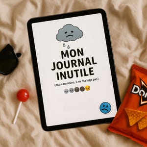May include: A tablet with the French text "MON JOURNAL INUTILE" and a sad cloud illustration. A bag of Doritos and black sunglasses are next to the tablet. A red lollipop is also in the image.