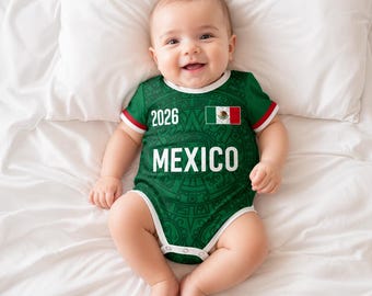 Custom Mexico 2026 WK voetbal babypakje, gepersonaliseerd naamnummer kindershirt, voetbaluniform kit jeugd kinderen, cadeau voor pasgeborene