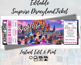 Disneyland Ticket, Disneyland Paris Ticket, Surprise Vacation Reveal Ticket, Holiday Ticket, Disneyworld Ticket Printable, Vacation Letter