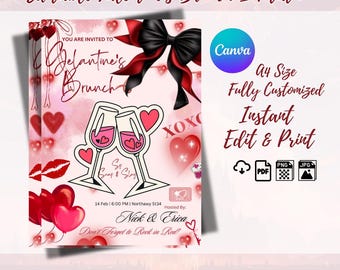 Galentine's Party Invitation Brunch Valentine's Day Party Invitation, Black Heartbow  Digital Galentines Girl Night Party Dinner Invite