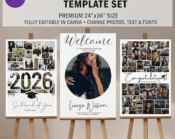 Graduation Photo Collage, Graduation Welcome Sign Set, Class Of 2026, Editable Canva Welcome Sign, Senior Photo Collage