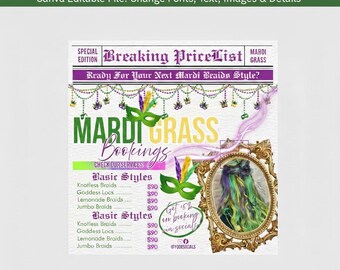 Mardi Grass Bookings, Braids Pricelist, March Braids Special Flyer, Hair Bundle Special Deal, Book Now Flyer, Hair Nails Boutique, Lashes