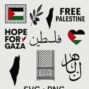 Può includere: Un pacchetto SVG digitale con varie grafiche a tema palestinese. Include la bandiera palestinese, i contorni delle mappe, un ramo d'ulivo e la calligrafia araba. Sono visualizzate anche le parole "Palestine", "Free Palestine" e "Hope for Gaza". Sono visualizzate anche le parole "SVG • PNG" e "Instant Download".