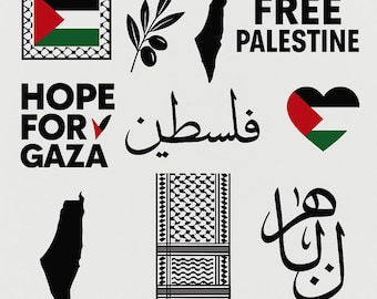 May include: A digital SVG bundle with various Palestinian-themed graphics. Includes the Palestinian flag, map outlines, olive branch, and Arabic calligraphy. The words "Palestine," "Free Palestine," and "Hope for Gaza" are also displayed. The words "SVG • PNG" and "Instant Download" are also displayed.