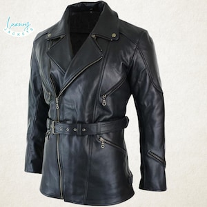 May include: Black leather jacket with a double-breasted design, featuring a notched lapel, multiple zippered pockets, and a belted waist. The jacket has a classic biker style with a sleek, modern aesthetic. The text "Luxury Jackets" is visible in the upper left corner.