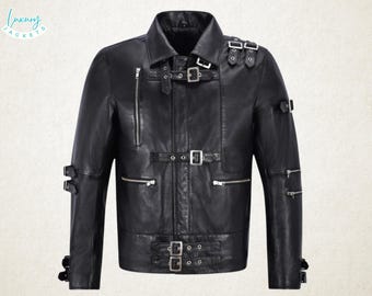 Jaqueta "Bad" do Michael Jackson - Icônica Jaqueta de Couro Preta Estilo Motoqueiro com Fivelas do MJ para Homens