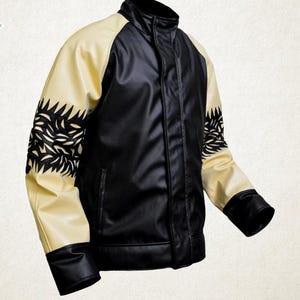 May include: Black and cream-colored jacket with a stand-up collar. The jacket features black sleeves with cream-colored accents and a decorative leaf pattern. The text "Luxury Jackets" is visible in the upper left corner.