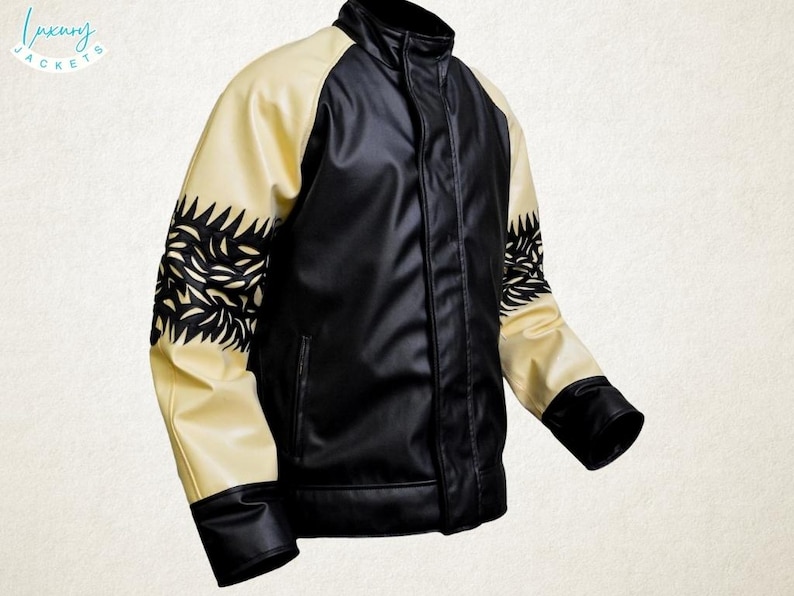 May include: Black and cream-colored jacket with a stand-up collar. The jacket features black sleeves with cream-colored accents and a decorative leaf pattern. The text "Luxury Jackets" is visible in the upper left corner.