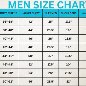 May include: A men's size chart with measurements in inches for body chest, jacket chest, sleeves, shoulders, and jacket length. Sizes range from XS to 4XL. The chart is in a teal and white color scheme.