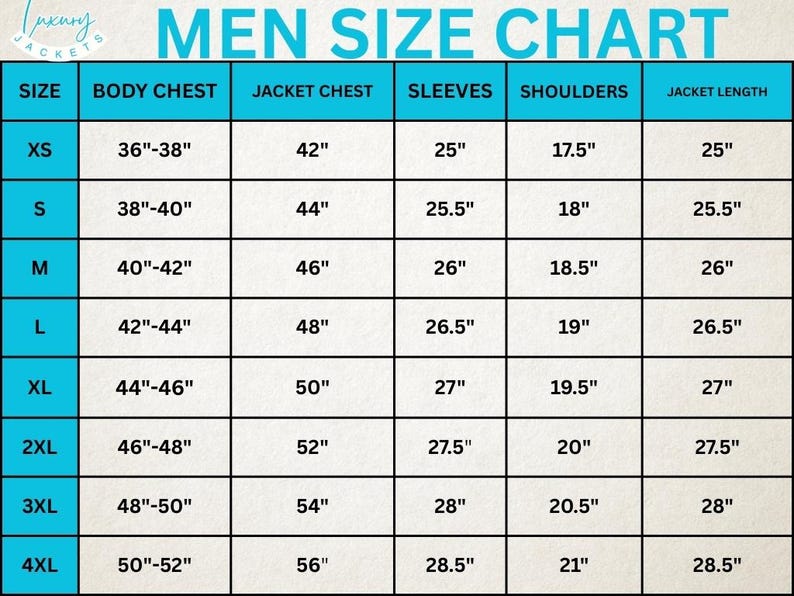 May include: A men's size chart with measurements in inches for body chest, jacket chest, sleeves, shoulders, and jacket length. Sizes range from XS to 4XL. The chart is in a teal and white color scheme.