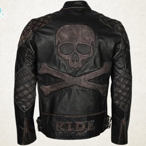 Premium Men’s Skull & Bones Jacket – Black Distressed Vintage Motorcycle Leather Coat for Biker