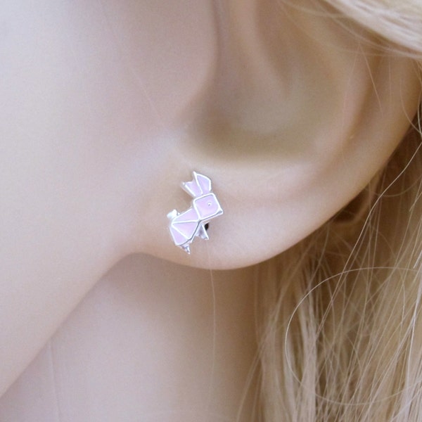 Pink origami BUNNY RABBIT sterling silver stud earrings, girls earrings
