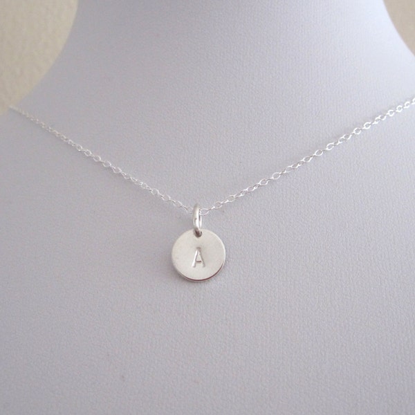 Monogram Letter Initial stamped round small disc charm sterling silver necklace, personalized stamped letter or number necklace