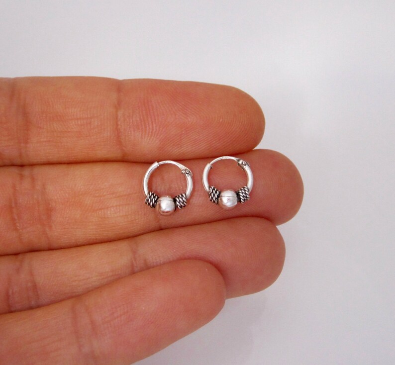 Tiny 10mm ornate sterling silver hoop sleeper earrings Bali Etsy