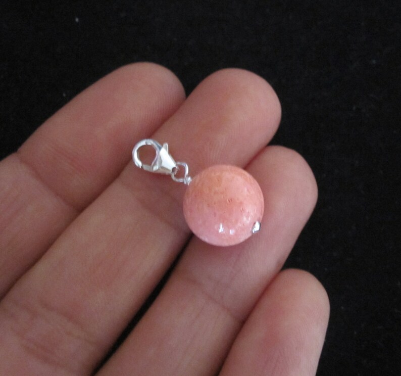Healing stone 925 Sterling silver 12mm PINK CORAL bead clip on charm pendant for link bracelet