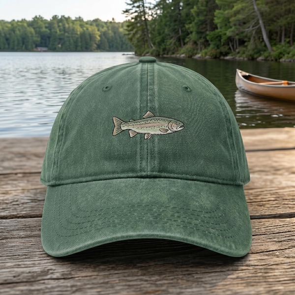 Custom Fishing Lake Hat, Trout Embroidered Dad Cap, Outdoor Nature Hat, Cabin Lake Life Hat, Camping Fishing Gift for Dad Husband Men