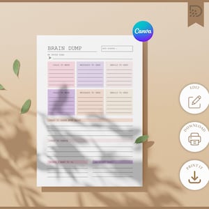 May include: A white Brain Dump planner with pastel-colored boxes for notes. The planner includes sections for calls, messages, and emails, with lines for ideas and tasks. The Canva logo is visible in the upper right corner.
