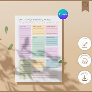 May include: A Smart Workday Planner with sections for daily schedule, to-do list, and notes. The planner has pastel color blocks and the Canva logo. The design includes icons for editing, downloading, and printing. The background is a light brown.
