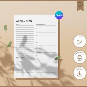 Op de afbeelding: Een witte wekelijkse plantemplate met de tekst "WEEKLY PLAN", "TO DO", "WEEKLY SCHEDULE" en "NOTES & IDEAS". De template heeft lijnen om op te schrijven en staat op een beige achtergrond met bladaccenten en schaduwen.