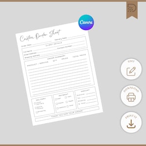 Könnte beinhalten: Ein weißes benutzerdefiniertes Bestellformular mit schwarzem Text, das Felder für Kundendetails, Bestellübersicht und Zahlungsinformationen enthält. Das Formular enthält oben den Text "Custom Order Sheet" und unten "Thank you for your order!".