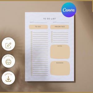 May include: A white to-do list notepad with a beige border. The notepad has sections for 'To Do', 'Priorities', 'Notes', and 'Reminder'. The Canva logo is in the upper right corner. The notepad is on a beige background.