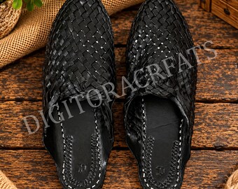 Handmade Black Woven Leather Mules for Men, Ethnic Summer Slippers, Genuine Leather Slip-Ons, Kolhapuri Mules, Casual Beach Shoes
