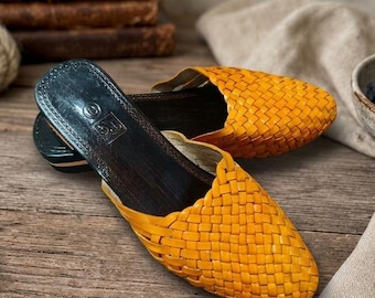 Handmade Yellow Woven Leather Mules, Women's Summer Sandals