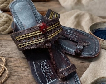 Handcrafted Dark Brown Leather Kolhapuri Chappal, Women's Indian Mojari Footwear