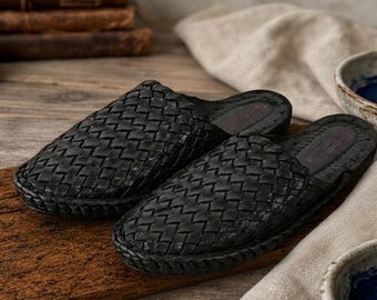 Handmade Black Woven Leather Mules, Men's Summer Slippers, Genuine Ethnic Sandals