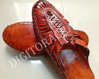 Handwoven Brown Leather Mules, Men's Kolhapuri Sandals, Ethnic Summer Flats
