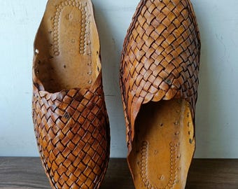 Handmade Dark Brown Woven Leather Mules, Men's Summer Sandals