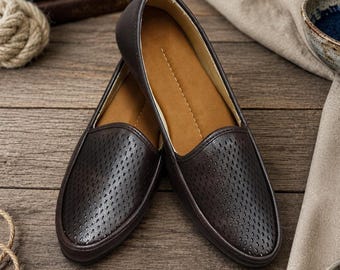 Comfort Shoes, Brown Leather Slip-On Style with Perforated Upper